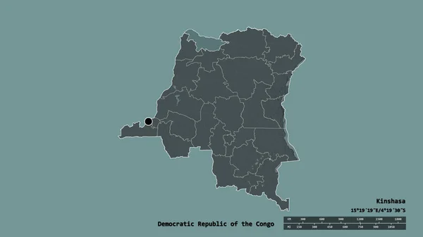 コンゴ民主共和国の首都 主要な地域部門と分離された北ウバンギ地域との形が荒廃した ラベル 色の標高マップ 3Dレンダリング — ストック写真