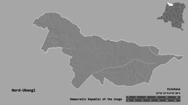 刚果民主共和国北乌班吉省的形状 其首都背景坚实 与世隔绝 距离尺度 区域预览和标签 Bilevel高程图 3D渲染 — 图库照片