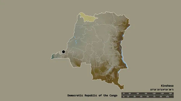 以首都 主要区域分部和分隔的北乌班吉地区为首都的刚果民主共和国的绝望状态 地形浮雕图 3D渲染 — 图库照片