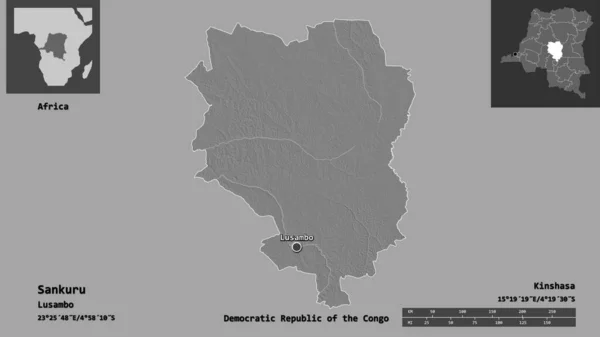 刚果民主共和国三库鲁省的形状及其首都 距离刻度 预览和标签 Bilevel高程图 3D渲染 — 图库照片