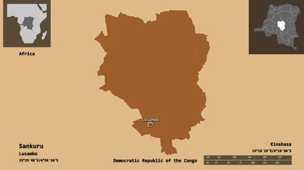 刚果民主共和国三库鲁省的形状及其首都 距离刻度 预览和标签 图形纹理的组成 3D渲染 — 图库照片