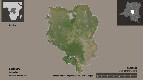 刚果民主共和国三库鲁省的形状及其首都 距离刻度 预览和标签 卫星图像 3D渲染 — 图库照片