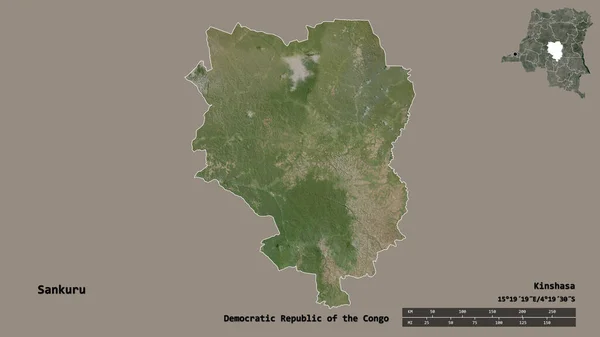 コンゴ民主共和国のサンクル県の形で その首都はしっかりとした背景に隔離されています 距離スケール リージョンプレビュー およびラベル 衛星画像 3Dレンダリング — ストック写真