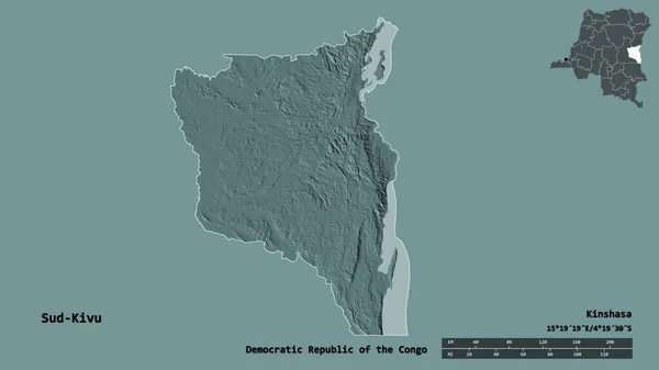 コンゴ民主共和国の州であるサド キヴの形で その首都はしっかりとした背景に孤立している 距離スケール リージョンプレビュー およびラベル 色の標高マップ 3Dレンダリング — ストック写真