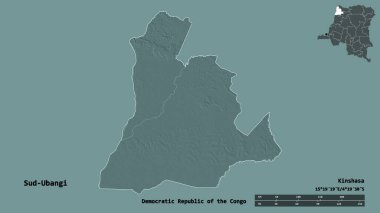 Demokratik Kongo Cumhuriyeti eyaleti Sud-Ubangi 'nin şekli, başkenti sağlam bir zemin üzerinde izole edilmiştir. Uzaklık ölçeği, bölge önizlemesi ve etiketleri. Renkli yükseklik haritası. 3B görüntüleme
