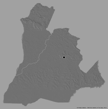 Demokratik Kongo Cumhuriyeti eyaleti Sud-Ubangi 'nin şekli, başkenti katı bir renk arkaplanı ile izole edilmiştir. Çift seviyeli yükseklik haritası. 3B görüntüleme