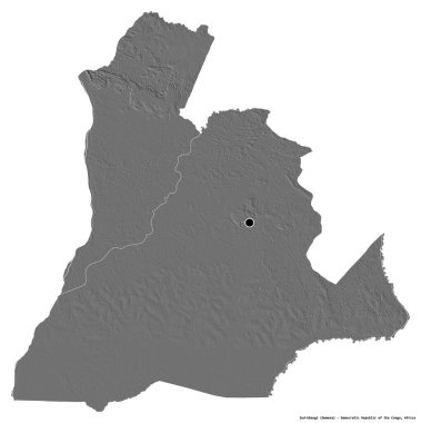 Demokratik Kongo Cumhuriyeti eyaleti Sud-Ubangi 'nin beyaz arka planda bulunan başkenti. Çift seviyeli yükseklik haritası. 3B görüntüleme