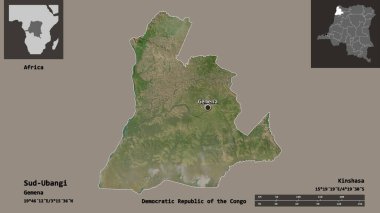 Sud-Ubangi, Demokratik Kongo Cumhuriyeti ili ve başkenti. Uzaklık ölçeği, ön gösterimler ve etiketler. Uydu görüntüleri. 3B görüntüleme