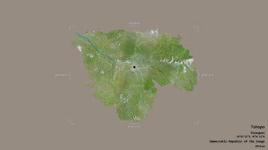 Tshopo bölgesi, Demokratik Kongo Cumhuriyeti eyaleti, sağlam bir arka planda izole edilmiş bir sınır kutusunda. Etiketler. Uydu görüntüleri. 3B görüntüleme