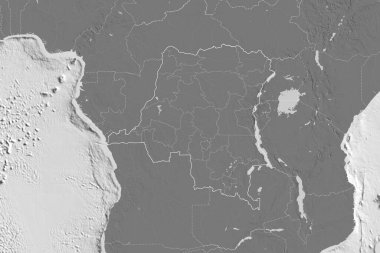 Demokratik Kongo Cumhuriyeti 'nin genişletilmiş bölgesinde ülke sınırları, uluslararası ve bölgesel sınırlar vardır. Çift seviyeli yükseklik haritası. 3B görüntüleme