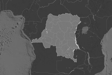 Demokratik Kongo Cumhuriyeti 'nin şekli komşu bölgelerin doygunluğunun azalmasıyla ayrılır. Sınırlar. Çift seviyeli yükseklik haritası. 3B görüntüleme