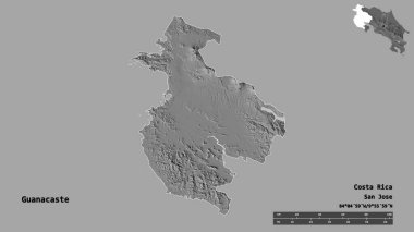 Kosta Rika 'nın Guanacaste eyaleti, başkenti sağlam bir zemin üzerinde izole edilmiştir. Uzaklık ölçeği, bölge önizlemesi ve etiketleri. Çift seviyeli yükseklik haritası. 3B görüntüleme