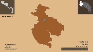 Guanacaste, Kosta Rika ili ve başkenti. Uzaklık ölçeği, ön gösterimler ve etiketler. Desenli dokuların bileşimi. 3B görüntüleme