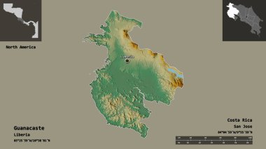 Guanacaste, Kosta Rika ili ve başkenti. Uzaklık ölçeği, ön gösterimler ve etiketler. Topografik yardım haritası. 3B görüntüleme
