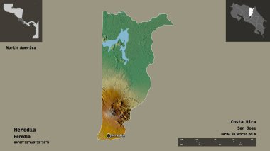 Heredia 'nın şekli, Kosta Rika ili ve başkenti. Uzaklık ölçeği, ön gösterimler ve etiketler. Topografik yardım haritası. 3B görüntüleme