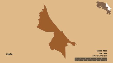 Limon, Kosta Rika eyaleti, başkenti katı bir zemin üzerinde izole edilmiştir. Uzaklık ölçeği, bölge önizlemesi ve etiketleri. Desenli dokuların bileşimi. 3B görüntüleme