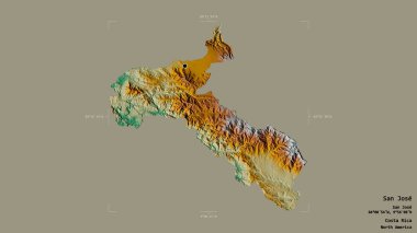 San Jose bölgesi, Kosta Rika, katı bir arka planda izole edilmiş bir sınır kutusunda. Etiketler. Topografik yardım haritası. 3B görüntüleme