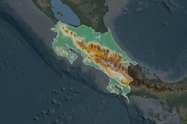 Kosta Rika 'nın şekli komşu bölgelerin dedoygunluğuyla ayrılır. Sınırlar. Topografik yardım haritası. 3B görüntüleme