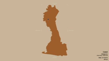 Comoe bölgesi, Cote d 'Ivoire bölgesi, sağlam bir arka planda izole edilmiş bir sınır kutusunda. Etiketler. Desenli dokuların bileşimi. 3B görüntüleme