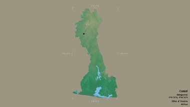 Comoe bölgesi, Cote d 'Ivoire bölgesi, sağlam bir arka planda izole edilmiş bir sınır kutusunda. Etiketler. Topografik yardım haritası. 3B görüntüleme