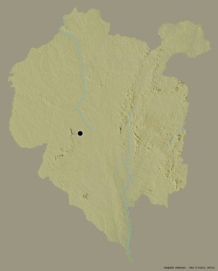 Denguele 'nin şekli, Cote d' Ivoire ilçesi, başkenti katı renk arkaplanı ile izole edilmiştir. Topografik yardım haritası. 3B görüntüleme