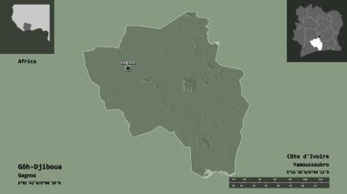 Goh-Cibula 'nın şekli, Cote d' Ivoire ilçesi ve başkenti. Uzaklık ölçeği, ön gösterimler ve etiketler. Renkli yükseklik haritası. 3B görüntüleme