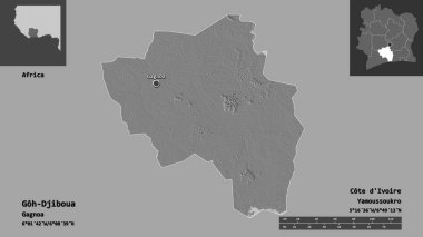Goh-Cibula 'nın şekli, Cote d' Ivoire ilçesi ve başkenti. Uzaklık ölçeği, ön gösterimler ve etiketler. Çift seviyeli yükseklik haritası. 3B görüntüleme