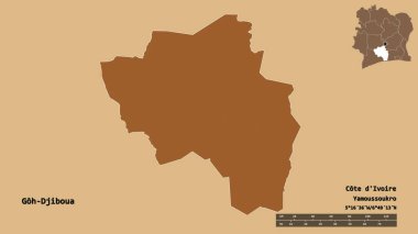 Cote d 'Ivoire ilçesi Goh-Djiboua' nın şekli, başkenti sağlam bir arka planda izole edilmiş. Uzaklık ölçeği, bölge önizlemesi ve etiketleri. Desenli dokuların bileşimi. 3B görüntüleme
