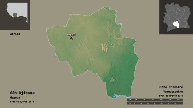 Goh-Cibula 'nın şekli, Cote d' Ivoire ilçesi ve başkenti. Uzaklık ölçeği, ön gösterimler ve etiketler. Topografik yardım haritası. 3B görüntüleme