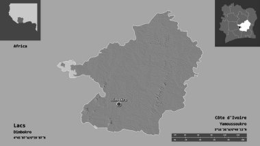 Lacs 'ın şekli, Cote d' Ivoire ilçesi ve başkenti. Uzaklık ölçeği, ön gösterimler ve etiketler. Çift seviyeli yükseklik haritası. 3B görüntüleme