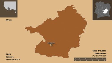 Lacs 'ın şekli, Cote d' Ivoire ilçesi ve başkenti. Uzaklık ölçeği, ön gösterimler ve etiketler. Desenli dokuların bileşimi. 3B görüntüleme