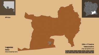 Lagunes Şekli, Cote d 'Ivoire Bölgesi ve başkenti. Uzaklık ölçeği, ön gösterimler ve etiketler. Desenli dokuların bileşimi. 3B görüntüleme