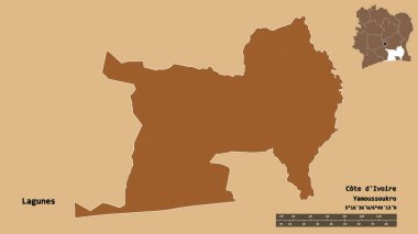 Lagunes 'in şekli, Cote d' Ivoire ilçesi, başkenti sağlam arka planda izole edilmiş. Uzaklık ölçeği, bölge önizlemesi ve etiketleri. Desenli dokuların bileşimi. 3B görüntüleme