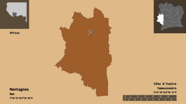 Montagnes 'in şekli, Cote d' Ivoire ilçesi ve başkenti. Uzaklık ölçeği, ön gösterimler ve etiketler. Desenli dokuların bileşimi. 3B görüntüleme