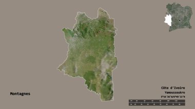 Montagnes 'in şekli, Cote d' Ivoire ilçesi, başkenti sağlam arka planda izole edilmiş. Uzaklık ölçeği, bölge önizlemesi ve etiketleri. Uydu görüntüleri. 3B görüntüleme