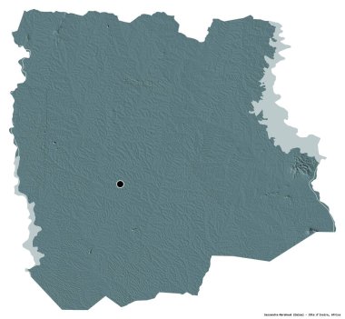 Sassandra-Marahoue 'nun şekli, Cote d' Ivoire ilçesi, başkenti beyaz arka planda izole edilmiş. Renkli yükseklik haritası. 3B görüntüleme