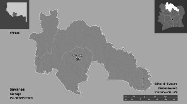 Savanes 'in şekli, Cote d' Ivoire ilçesi ve başkenti. Uzaklık ölçeği, ön gösterimler ve etiketler. Çift seviyeli yükseklik haritası. 3B görüntüleme
