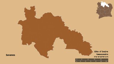 Savanes 'in şekli, Cote d' Ivoire ilçesi, başkenti sağlam arka planda izole edilmiş. Uzaklık ölçeği, bölge önizlemesi ve etiketleri. Desenli dokuların bileşimi. 3B görüntüleme