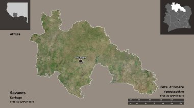 Savanes 'in şekli, Cote d' Ivoire ilçesi ve başkenti. Uzaklık ölçeği, ön gösterimler ve etiketler. Uydu görüntüleri. 3B görüntüleme