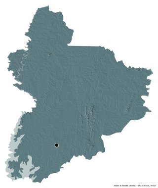 Beyaz arka planda başkenti izole edilmiş Vallee du Bandama, Cote d 'Ivoire ilçesi. Renkli yükseklik haritası. 3B görüntüleme