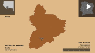 Vallee du Bandama 'nın şekli, Cote d' Ivoire ilçesi ve başkenti. Uzaklık ölçeği, ön gösterimler ve etiketler. Desenli dokuların bileşimi. 3B görüntüleme