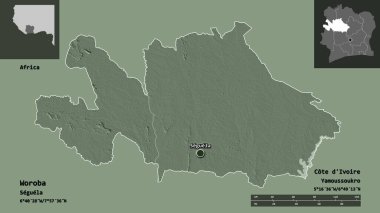 Woroba 'nın şekli, Cote d' Ivoire ilçesi ve başkenti. Uzaklık ölçeği, ön gösterimler ve etiketler. Renkli yükseklik haritası. 3B görüntüleme