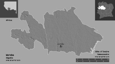 Woroba 'nın şekli, Cote d' Ivoire ilçesi ve başkenti. Uzaklık ölçeği, ön gösterimler ve etiketler. Çift seviyeli yükseklik haritası. 3B görüntüleme