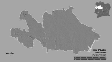 Woroba 'nın şekli, Cote d' Ivoire ilçesi, başkenti sağlam arka planda izole edilmiş. Uzaklık ölçeği, bölge önizlemesi ve etiketleri. Çift seviyeli yükseklik haritası. 3B görüntüleme