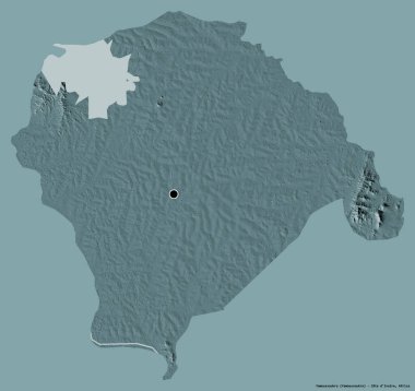 Cote d 'Ivoire' nin özerk bölgesi Yamoussoukro 'nun şekli, başkenti katı bir renk arkaplanı ile izole edilmiştir. Renkli yükseklik haritası. 3B görüntüleme