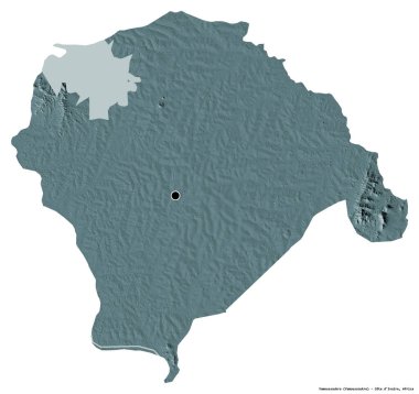 Cote d 'Ivoire' nin özerk bölgesi Yamoussoukro 'nun beyaz arka planda bulunan başkenti. Renkli yükseklik haritası. 3B görüntüleme