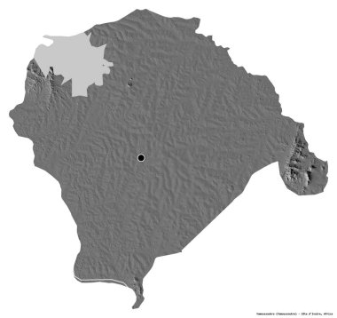 Cote d 'Ivoire' nin özerk bölgesi Yamoussoukro 'nun beyaz arka planda bulunan başkenti. Çift seviyeli yükseklik haritası. 3B görüntüleme