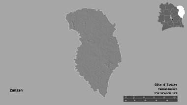 Zanzan 'ın şekli, Cote d' Ivoire ilçesi, başkenti sağlam arka planda izole edilmiş. Uzaklık ölçeği, bölge önizlemesi ve etiketleri. Çift seviyeli yükseklik haritası. 3B görüntüleme