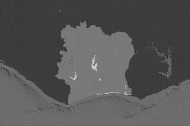 Cote d 'Ivoire' ın şekli komşu bölgelerin dedoygunluğuyla ayrılır. Çift seviyeli yükseklik haritası. 3B görüntüleme