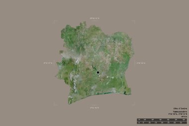 Cote d 'Ivoire' ın alanı jeoreferated sınır kutusundaki sağlam bir arka planda izole edildi. Ana bölgesel bölüm, mesafe ölçeği, etiketler. Uydu görüntüleri. 3B görüntüleme